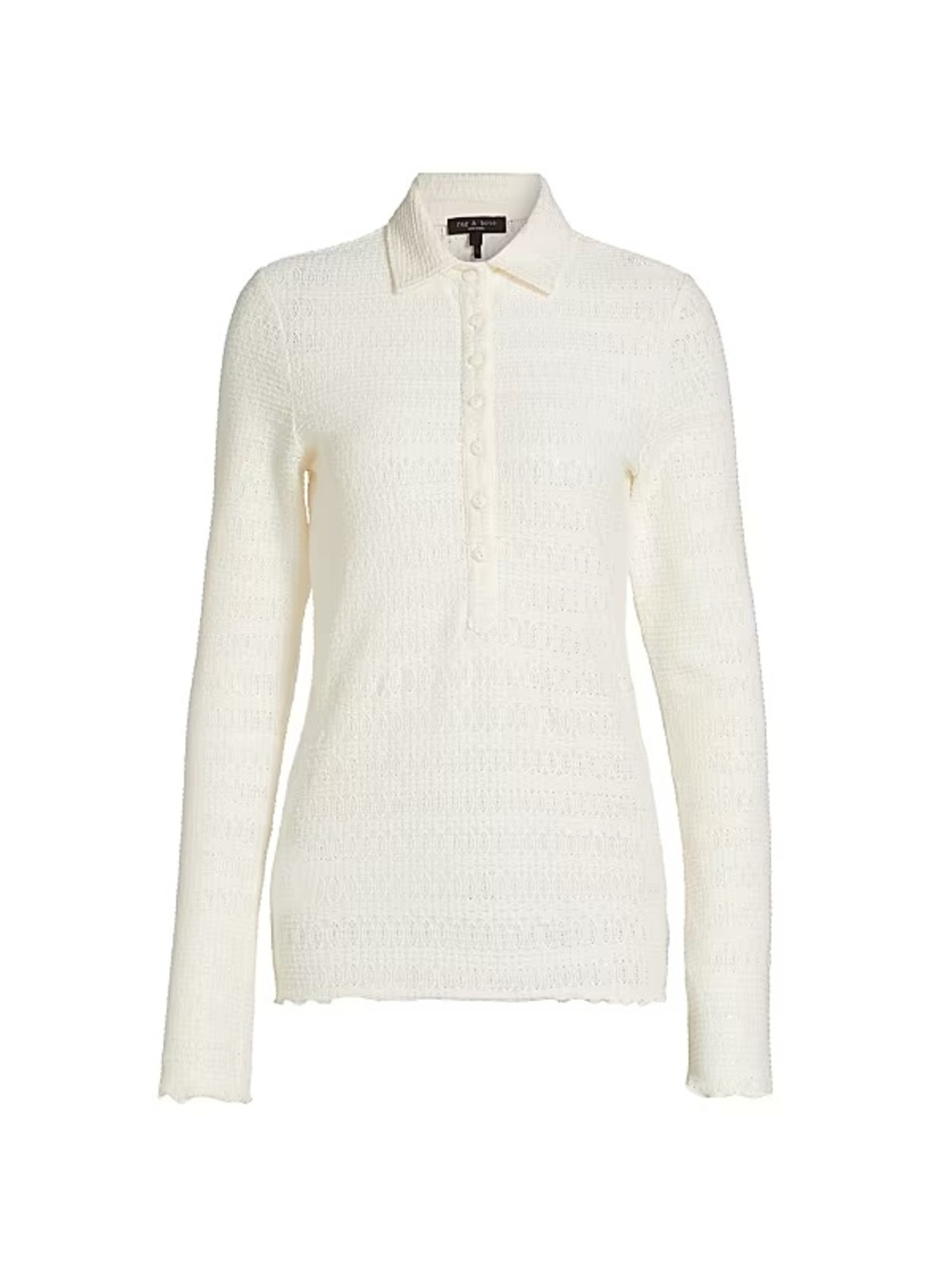 Rag & Bone Julia Pointelle Knit Polo Med Ivory Sheer Open Knit Long Sleeve Top